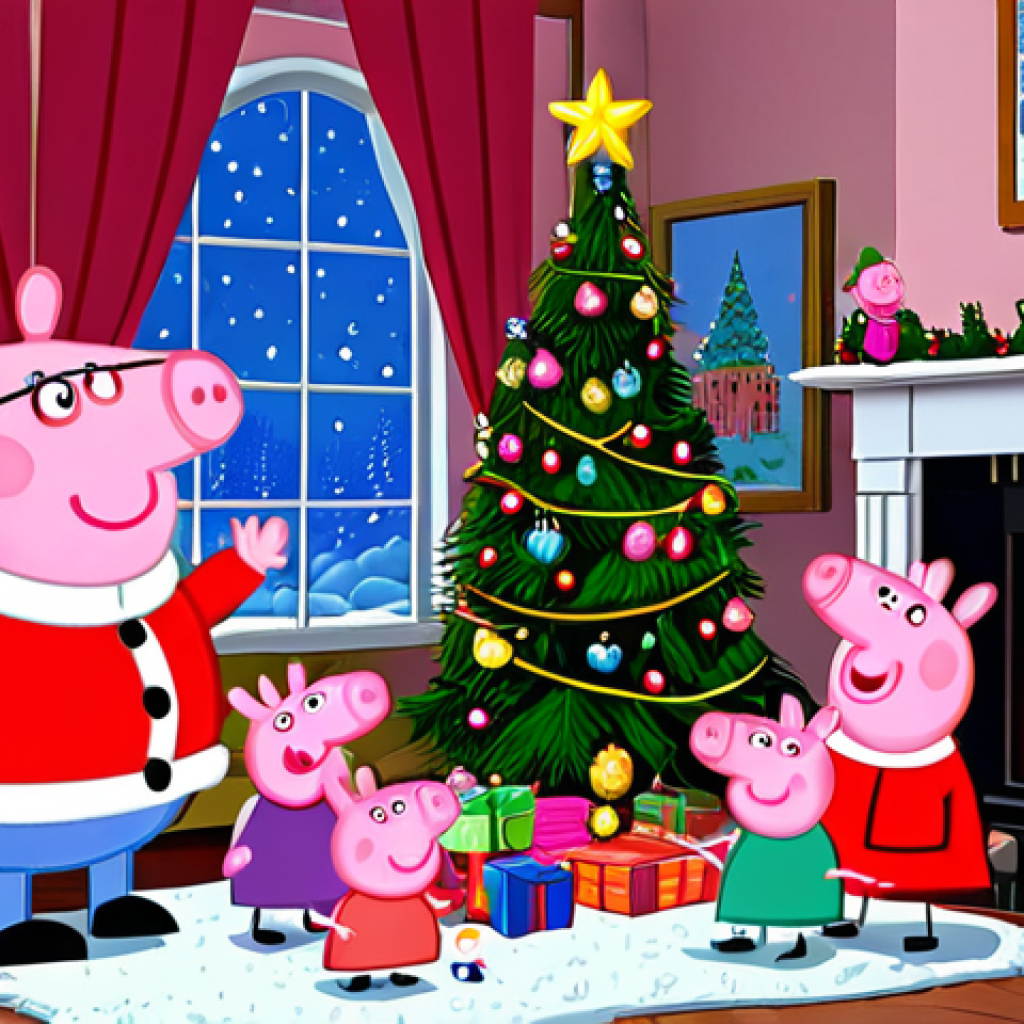 **Prompt:** Peppa Pig and family decorating a Christmas tree with colorful ornaments, in a cozy living room with a fireplace. Snow falling outside the window.