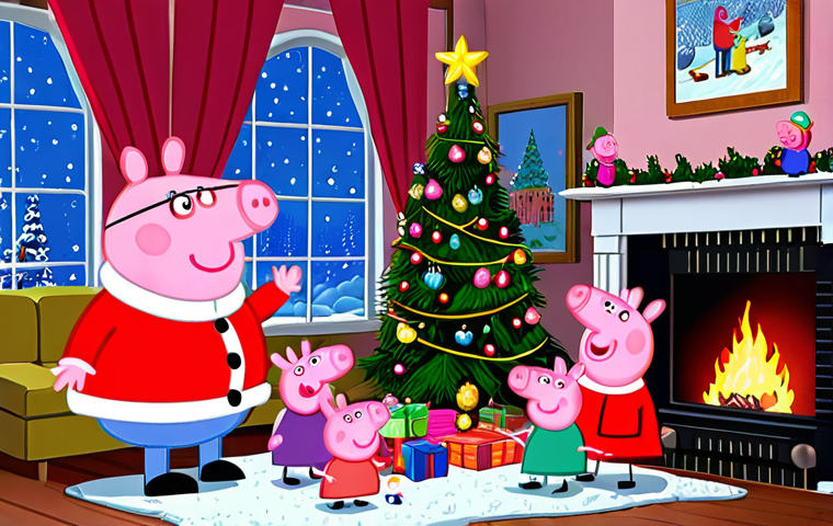 **Prompt:** Peppa Pig and family decorating a Christmas tree with colorful ornaments, in a cozy living room with a fireplace. Snow falling outside the window.