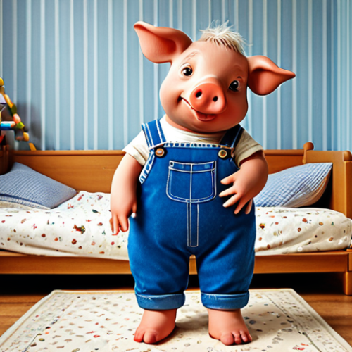 Home 18 **"A charming illustration of Georg Pig in his iconic blue dungarees, clutching his beloved dinosaur toy, rendered in a style reminiscent of classic German children's book illustrations, set against a backdrop of a cozy German 'Kinderzimmer' (children's room)."**
