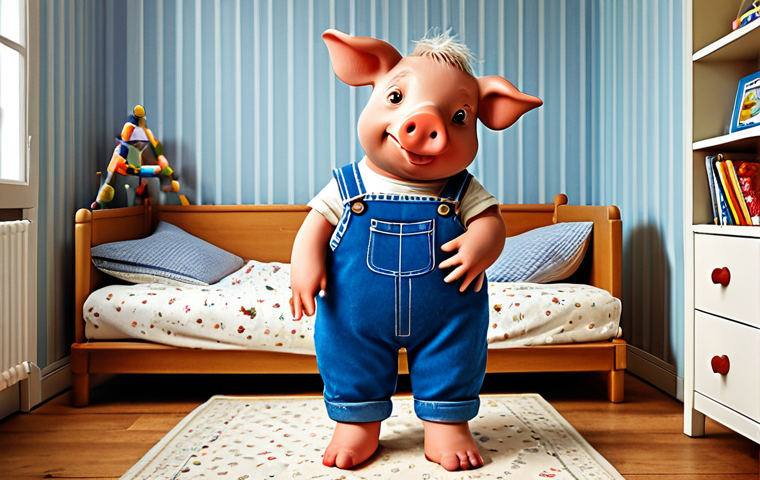 **"A charming illustration of Georg Pig in his iconic blue dungarees, clutching his beloved dinosaur toy, rendered in a style reminiscent of classic German children's book illustrations, set against a backdrop of a cozy German 'Kinderzimmer' (children's room)."**