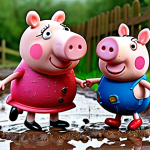 **Prompt:** Peppa Pig jumping in muddy puddles with George and Mummy Pig, vibrant colors, cartoon style, family fun.