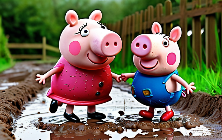 **Prompt:** Peppa Pig jumping in muddy puddles with George and Mummy Pig, vibrant colors, cartoon style, family fun.