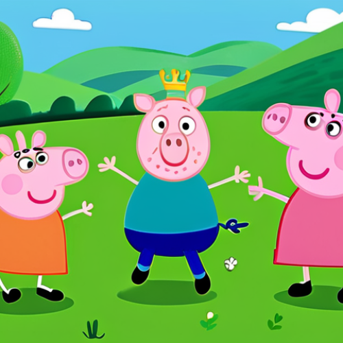 Home 8 A professional illustration featuring the Peppa Pig family – Peppa, George, Mummy Pig, and Daddy Pig – joyfully jumping in a vibrant green outdoor field. They are fully clothed in their iconic, modest, and appropriate attire. The scene is bright and clean, reflecting the simple, clear, and colorful animation style of the show. Perfect anatomy, correct proportions, natural pose, well-formed hands, proper finger count, natural body proportions, safe for work, appropriate content, family-friendly.