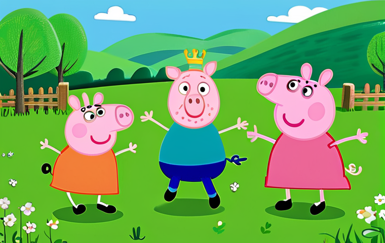 A professional illustration featuring the Peppa Pig family – Peppa, George, Mummy Pig, and Daddy Pig – joyfully jumping in a vibrant green outdoor field. They are fully clothed in their iconic, modest, and appropriate attire. The scene is bright and clean, reflecting the simple, clear, and colorful animation style of the show. Perfect anatomy, correct proportions, natural pose, well-formed hands, proper finger count, natural body proportions, safe for work, appropriate content, family-friendly.