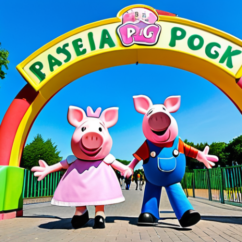 A happy family, consisting of parents and two young children, arrives at the grand entrance of a vibrant Peppa Pig theme park. The scene features an imposing, brightly colored archway adorned with cheerful, life-sized Peppa Pig character cutouts. The family is fully clothed in casual, appropriate attire suitable for a pleasant day out. The children's faces are filled with pure excitement and wonder. The background shows lush green landscapes and a clear blue sky, evoking a magical and welcoming atmosphere. Professional photography, high detail, vibrant colors, clear focus, perfect anatomy, correct proportions, natural pose, well-formed hands, proper finger count, natural body proportions, safe for work, appropriate content, fully clothed, family-friendly.
