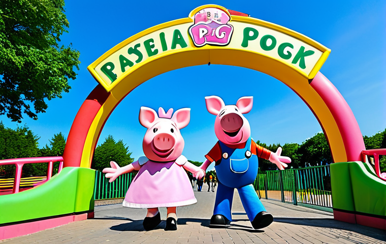 A happy family, consisting of parents and two young children, arrives at the grand entrance of a vibrant Peppa Pig theme park. The scene features an imposing, brightly colored archway adorned with cheerful, life-sized Peppa Pig character cutouts. The family is fully clothed in casual, appropriate attire suitable for a pleasant day out. The children's faces are filled with pure excitement and wonder. The background shows lush green landscapes and a clear blue sky, evoking a magical and welcoming atmosphere. Professional photography, high detail, vibrant colors, clear focus, perfect anatomy, correct proportions, natural pose, well-formed hands, proper finger count, natural body proportions, safe for work, appropriate content, fully clothed, family-friendly.