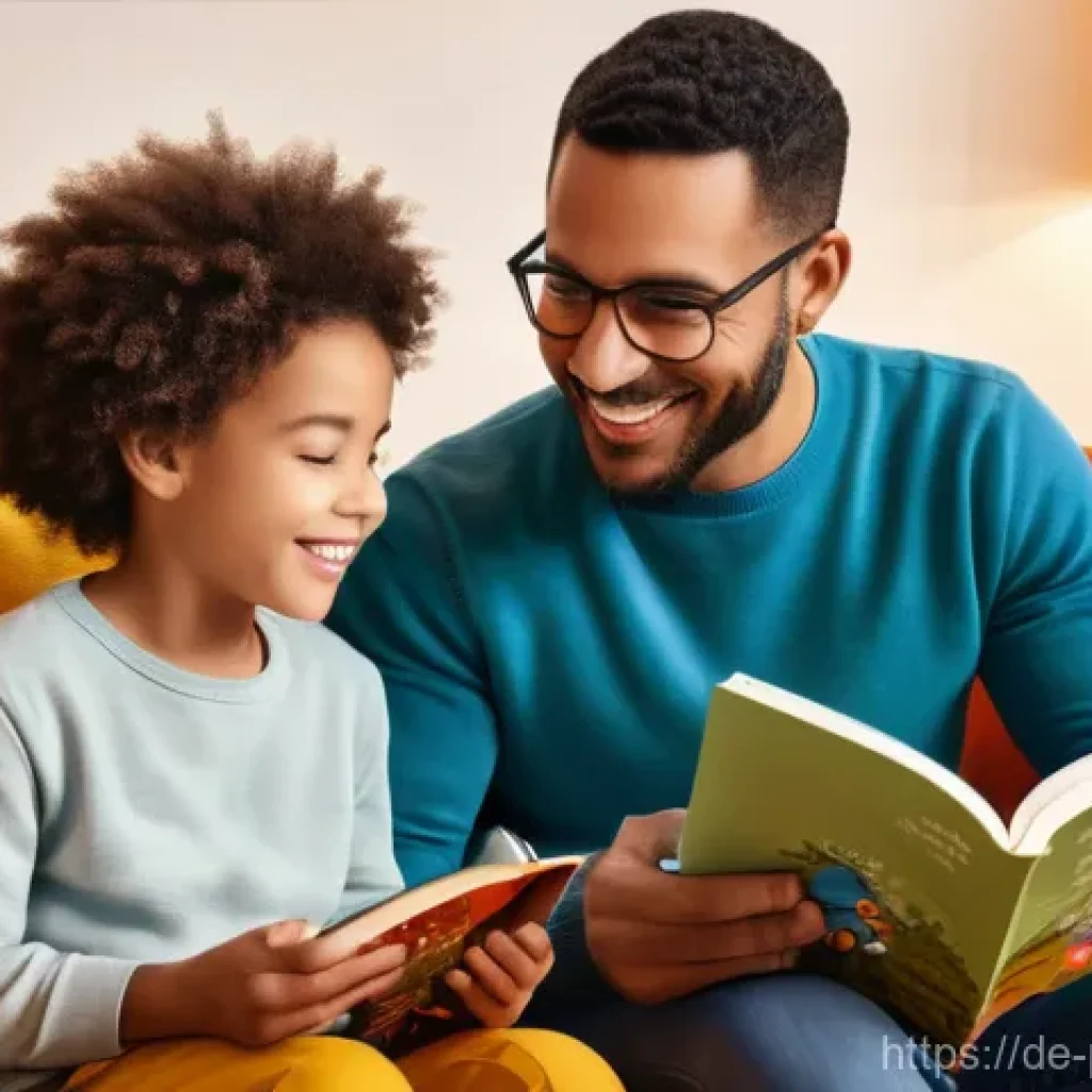 페파피그 영어 학습 자료 - A warm and inviting indoor scene where a parent (either a mother or father, dressed in casual, modes...
