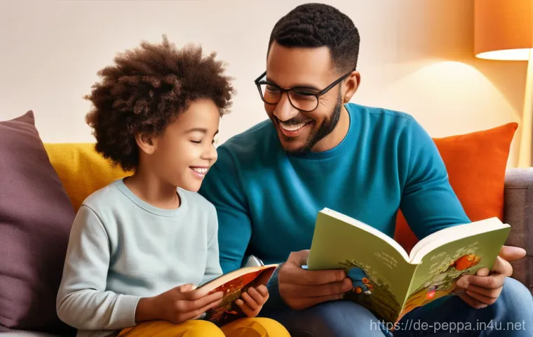 페파피그 영어 학습 자료 - A warm and inviting indoor scene where a parent (either a mother or father, dressed in casual, modes...