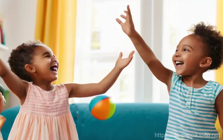 페파피그 영어 학습 자료 - Two young children, a boy and a girl, approximately 5-7 years old, are outside in a whimsical, sligh...