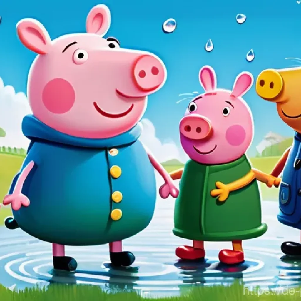 페파피그 관련 기업 파트너십 - **Prompt:** A vibrant and joyful outdoor scene featuring Peppa Pig, her younger brother George, and ...
