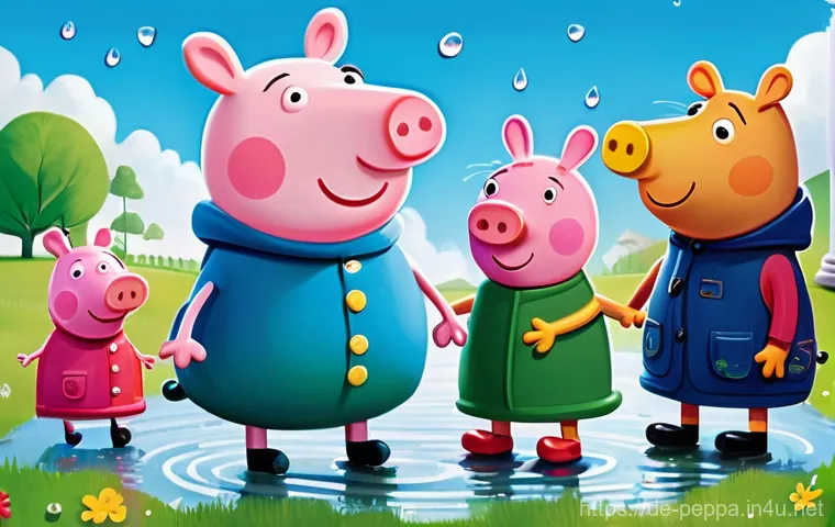 페파피그 관련 기업 파트너십 - **Prompt:** A vibrant and joyful outdoor scene featuring Peppa Pig, her younger brother George, and ...
