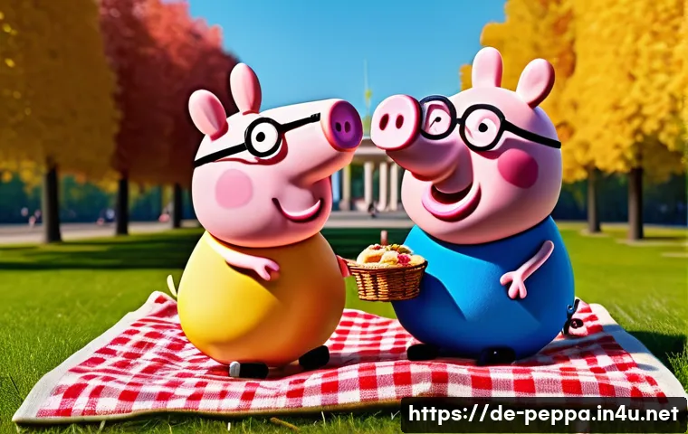 페파피그 유튜브 채널 콘텐츠 - **Prompt:** A brightly colored cartoon image of Peppa Pig and her family (Daddy Pig, Mummy Pig, Geor...