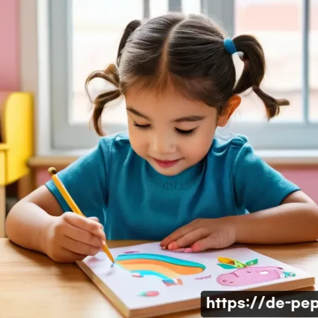 페파피그 학용품 시리즈 - **Prompt:** A cheerful 5-year-old girl with pigtails is deeply engrossed in drawing within a bright,...