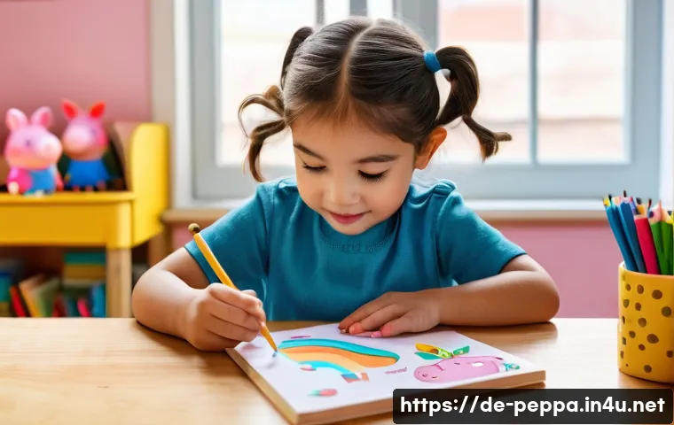 페파피그 학용품 시리즈 - **Prompt:** A cheerful 5-year-old girl with pigtails is deeply engrossed in drawing within a bright,...