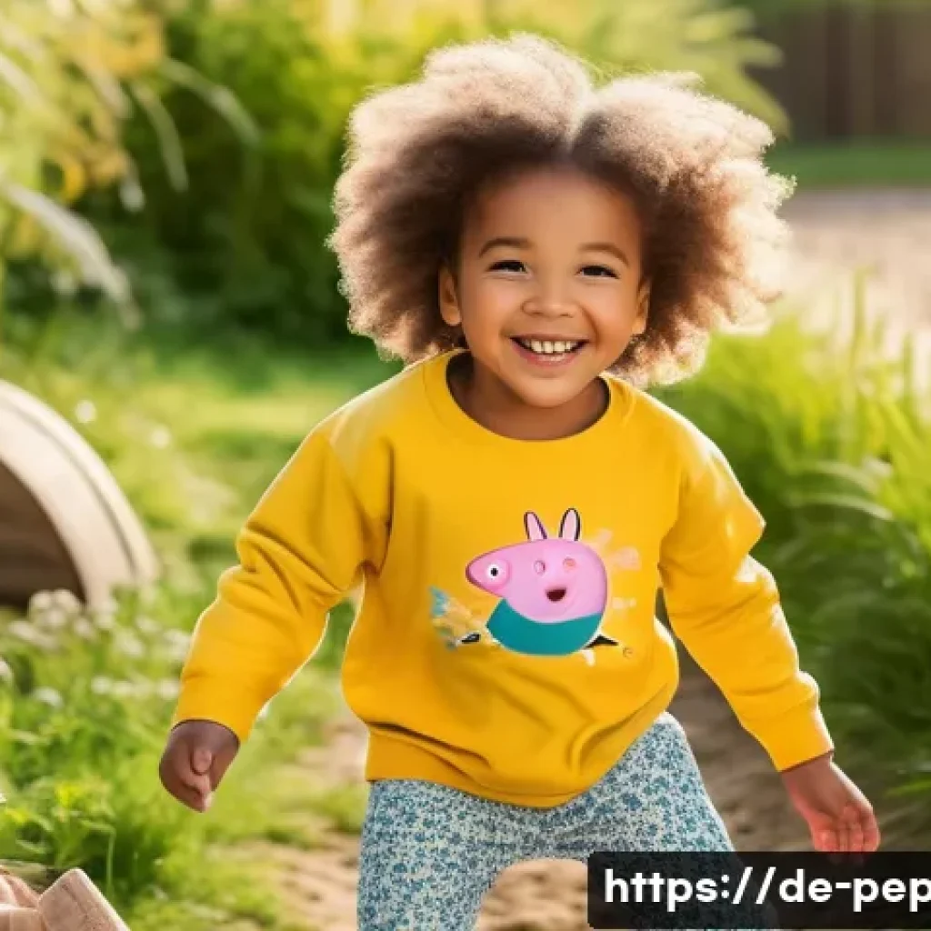 페파피그 의류 브랜드 협업 - A charming scene featuring a young child wearing sustainable, high-quality children’s clothing inspi...