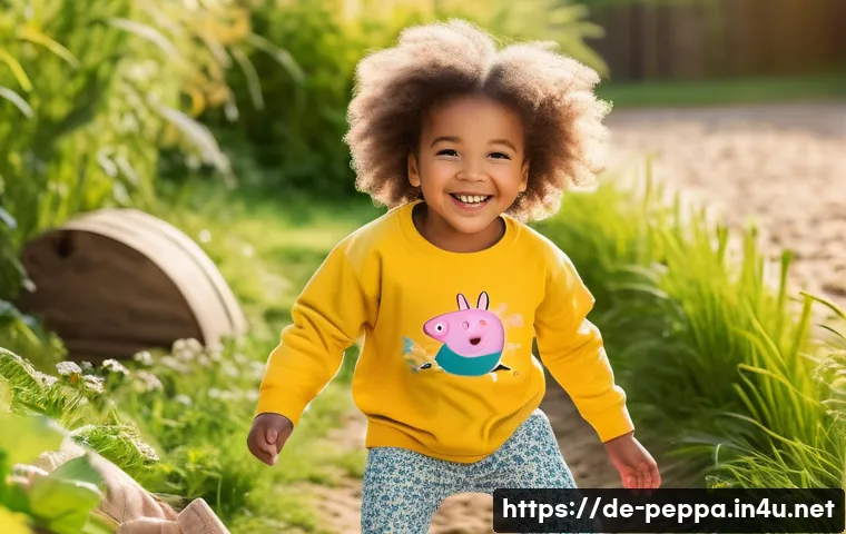 페파피그 의류 브랜드 협업 - A charming scene featuring a young child wearing sustainable, high-quality children&rsquo;s clothing inspi...