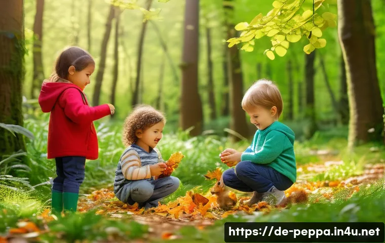 페파피그와 환경 이슈 - A cheerful group of young children aged 3-6 years playing outdoors in a lush green forest clearing d...