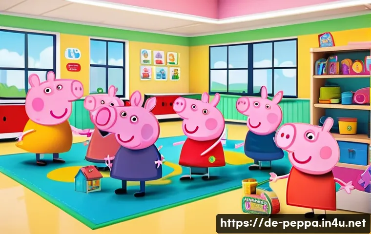 페파피그 관련 기사 모음 - A colorful and cheerful preschool classroom scene inspired by Peppa Pig, showing diverse young child...