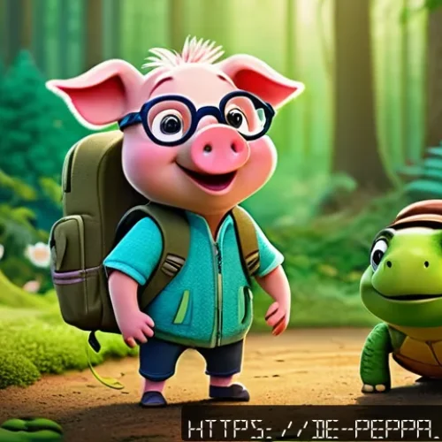 Home 33 페파피그 티저 영상 분석 - A lively forest clearing scene from a children’s animated series, featuring a cheerful young pig cha...