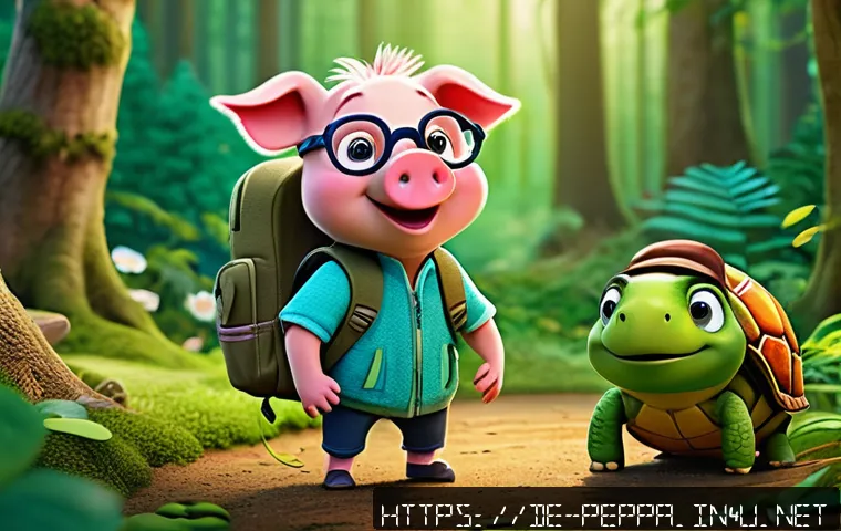 페파피그 티저 영상 분석 - A lively forest clearing scene from a children&rsquo;s animated series, featuring a cheerful young pig cha...
