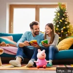 Home 19 페파피그 인기 비결 - A cheerful family scene in a cozy German living room featuring a mother, father, and two children wa...