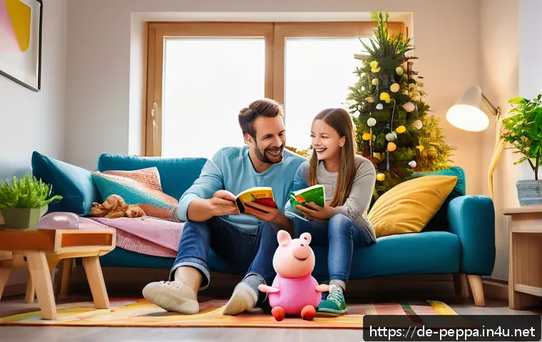 페파피그 인기 비결 - A cheerful family scene in a cozy German living room featuring a mother, father, and two children wa...