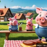 Home 18 페파피그 유머 코드 분석 - A charming family picnic scene in a sunny park, featuring a cartoon pig family resembling Peppa Pig ...