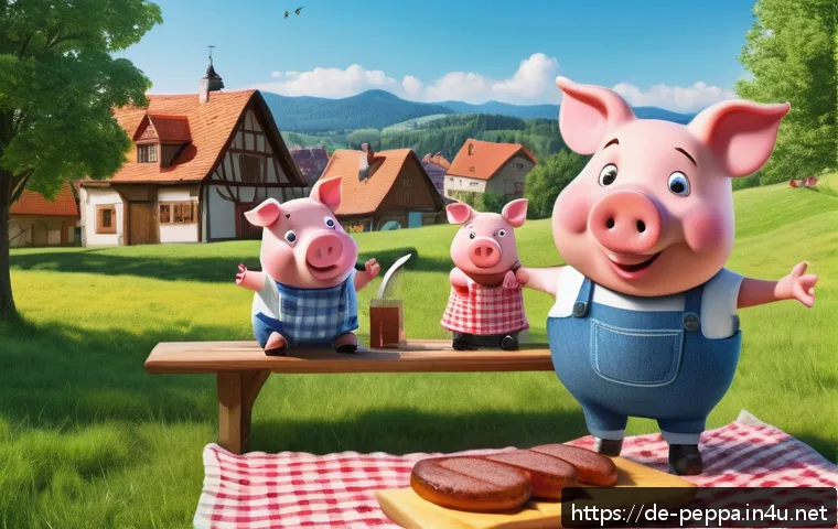 페파피그 유머 코드 분석 - A charming family picnic scene in a sunny park, featuring a cartoon pig family resembling Peppa Pig ...