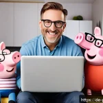 Home 23 페파피그 부모 리뷰 - A cozy family scene inspired by Peppa Pig style, featuring a father pig character as a playful, slig...