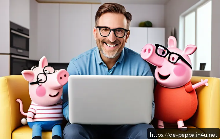 페파피그 부모 리뷰 - A cozy family scene inspired by Peppa Pig style, featuring a father pig character as a playful, slig...