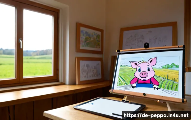 페파피그 애니메이션 제작 과정 - Photorealistic view inside a bright German animation studio, a creative artist’s desk with hand-draw...